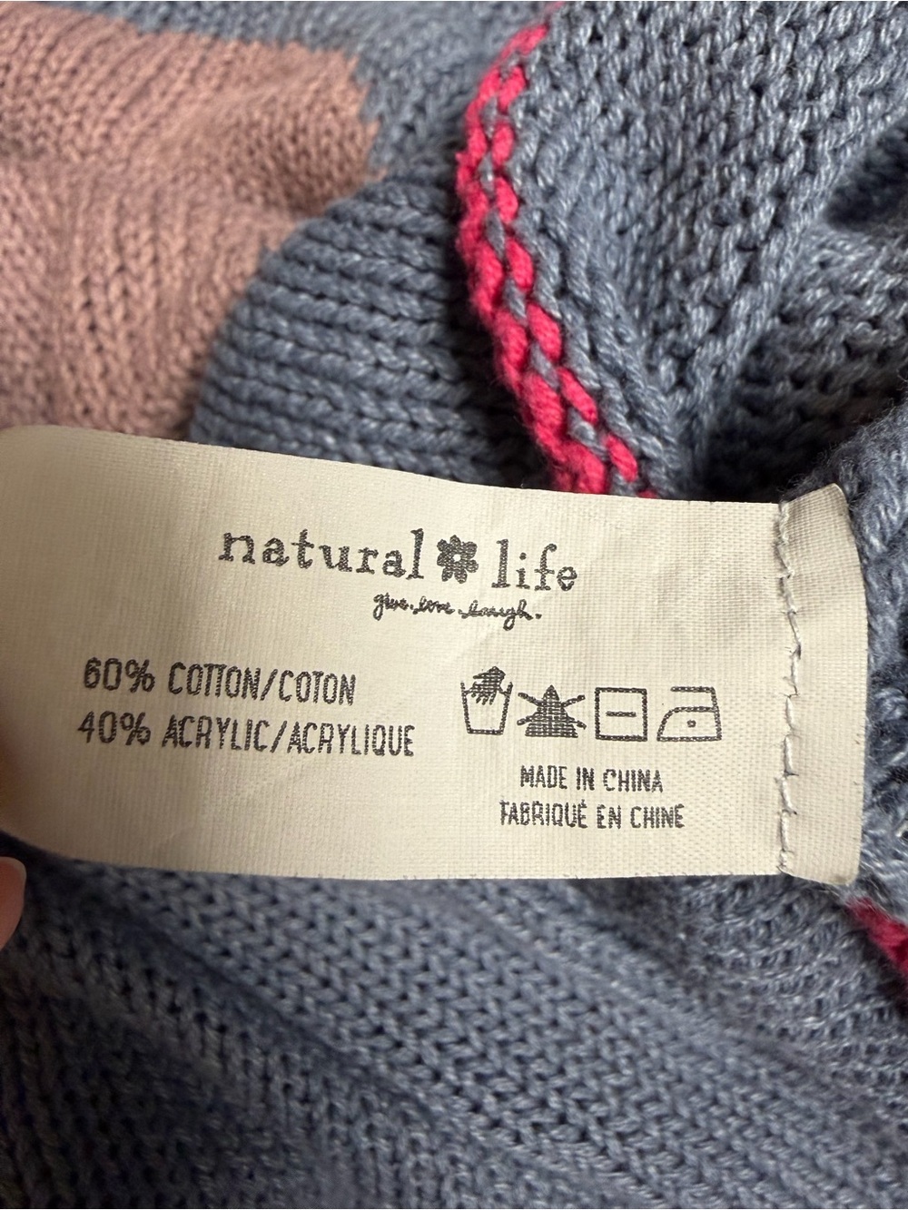 Natural Life Heart Knit Sweater Dusty Blue Pink Lightweight Pullover Size L/X - Picture 8 of 10